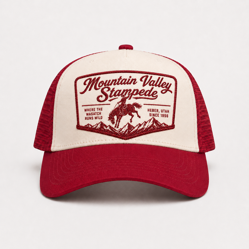 Mountain Valley Stampede red and ivory trucker hat front view